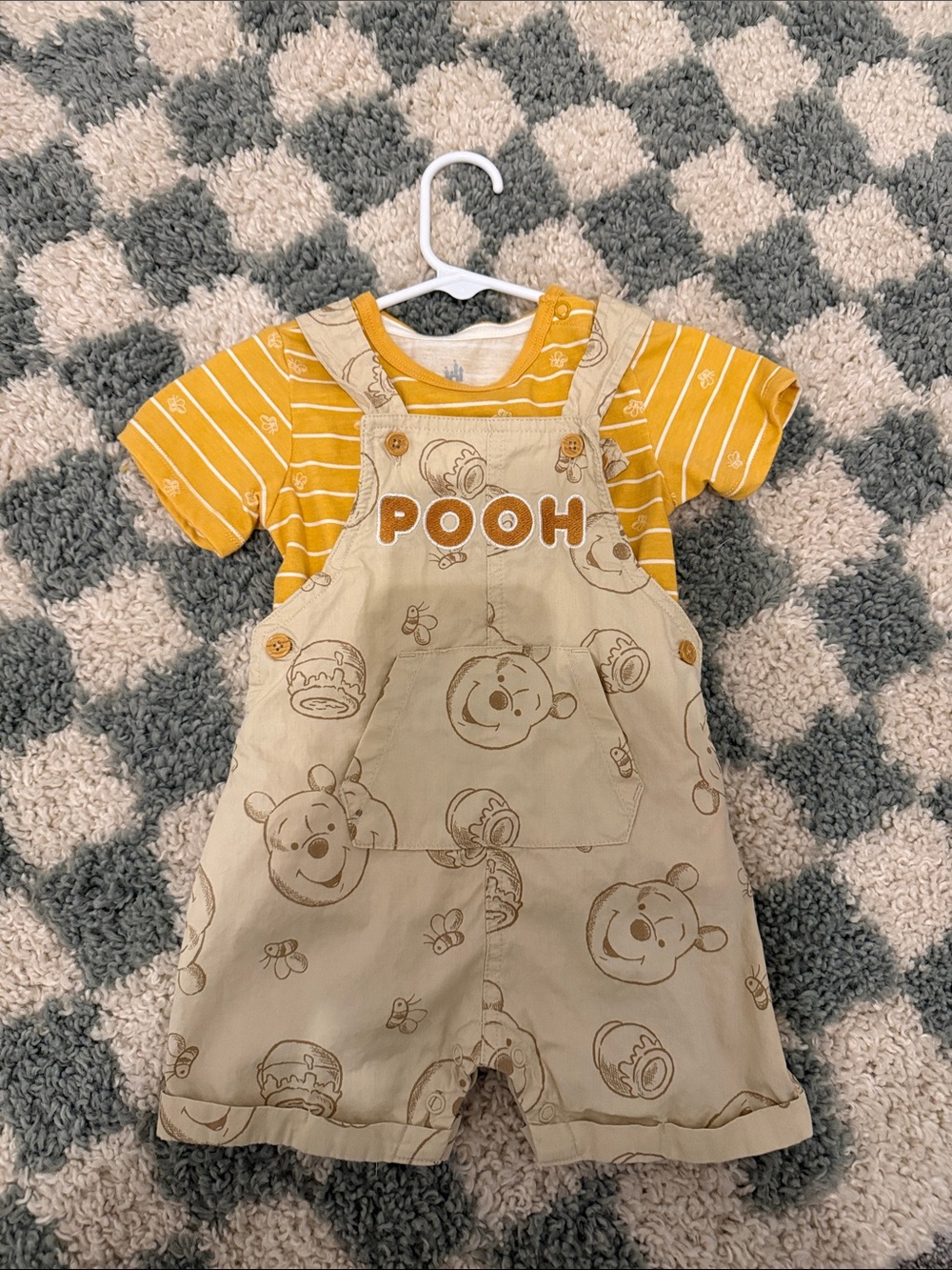 Disney Baby Winnie the Pooh Beige Shortalls with Mustard Stripe Tee